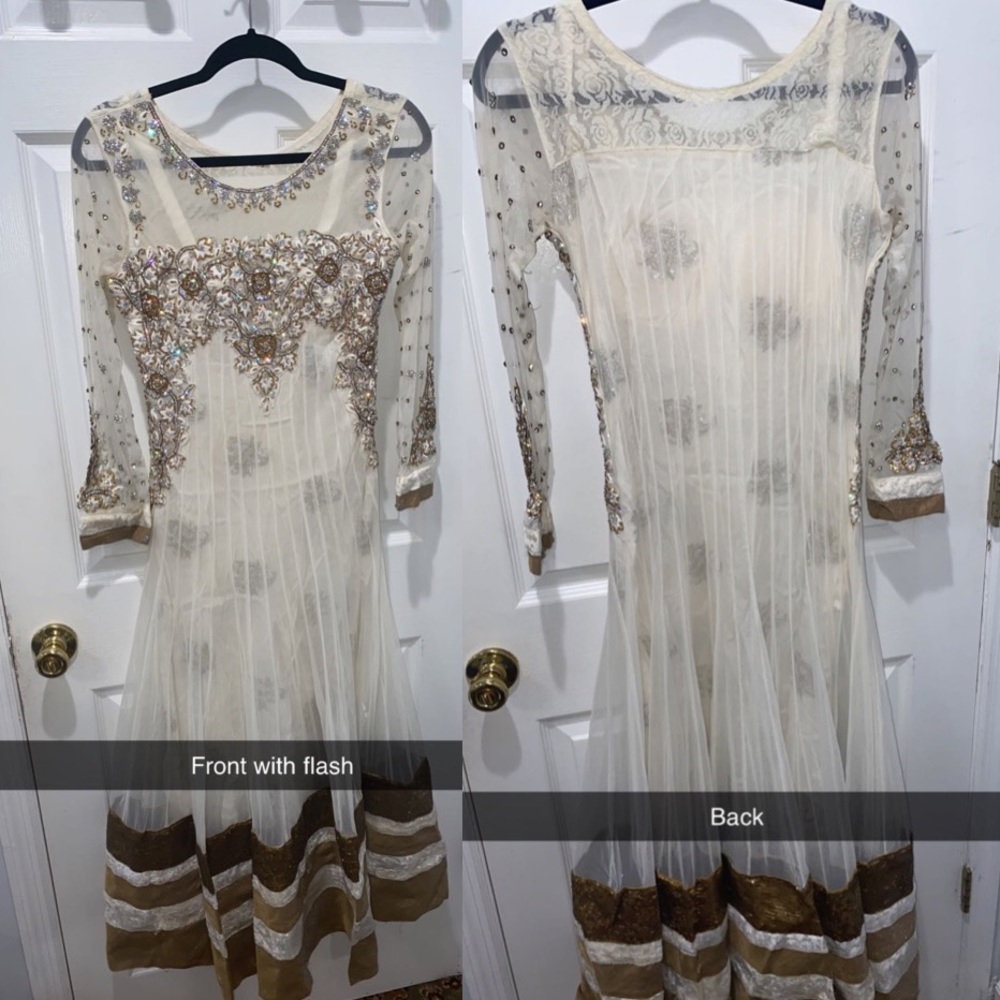 White Indian Dress. Long sleeve, gold work, fur and sequin trim. New condition.